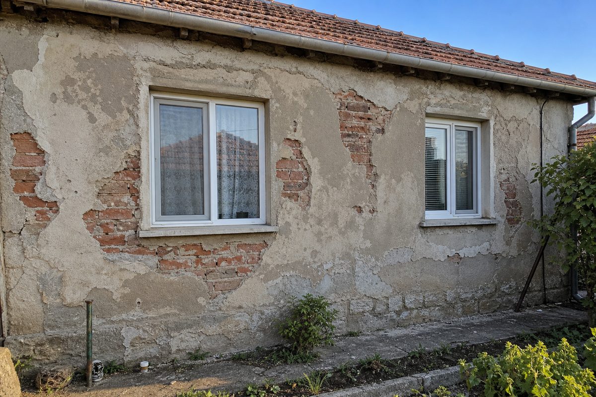 Sample demo before image of patchy peeling external render with exposed brickwork